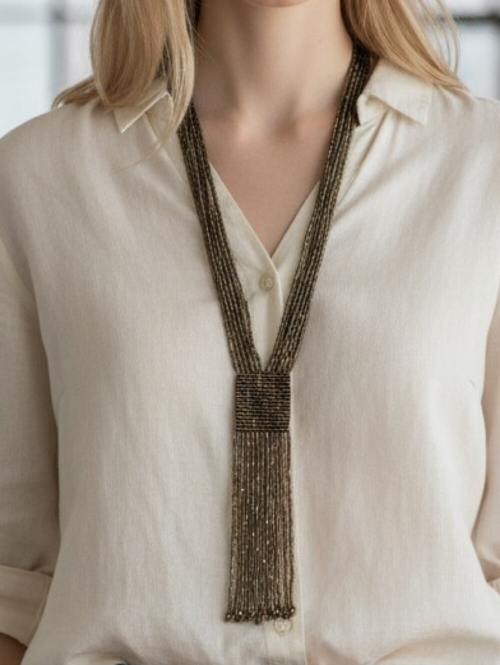 Hand Crafted Goldtone Beaded Tassel Necklace